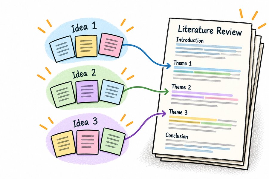Illustration of three groups of idea cards labeled Idea 1, Idea 2, and Idea 3, each with an arrow pointing to a themed section of a document titled Literature Review.